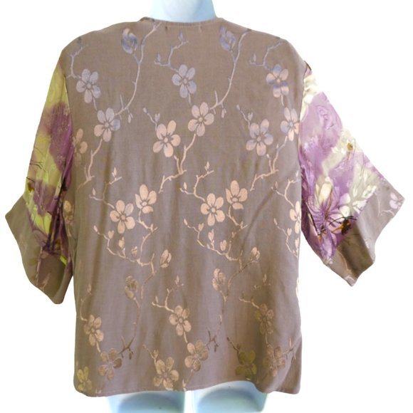 Spencer Alexis SiLK Blend Boho Kimono Top Neutral Beige Pink Knot Button Embosse - Picture 2 of 8